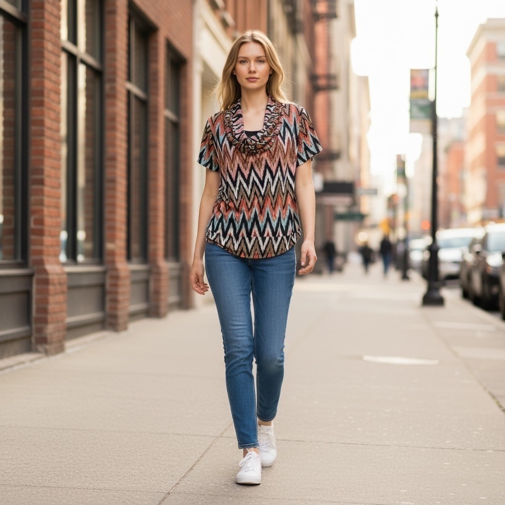 Dressbarn Multi Color Chevron Stripe Layered Top